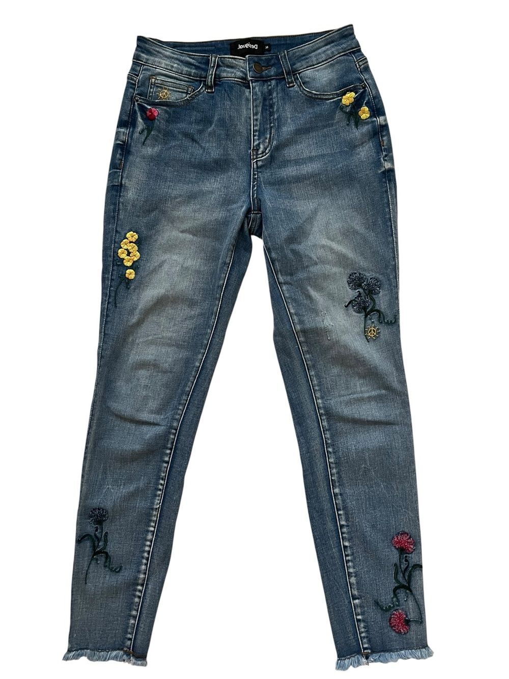 Desigual Floral Embroidered Jeans Frayed Ankle Hem Boho Cottagecore US 28